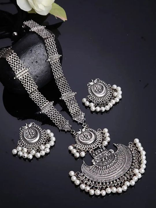 Oxidized Silver Color Long Necklace Set With Earings