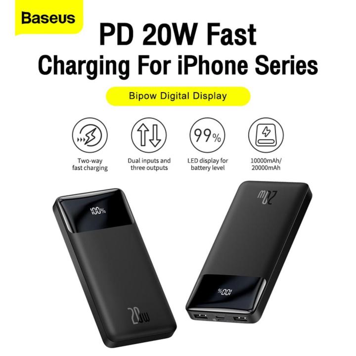 Baseus Bipow 20000mAh 20W Power Bank For Phone Samsung Huawei Type C PD Fast Charging Quick Charge 3.0 USB Powerbank External Battery