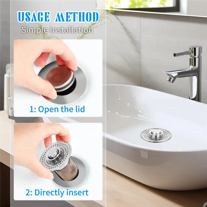 Athroom%20Sink%20Stopper%20and%20Sink%20Drain%20Strainer%202%20in%201%20Catches%20Hair%20and%20Debris%20Suitable%20for%201.34-1.46Inch%20Drainage%20Holes,%20Easy%20to%20Use%20-%20Image%202