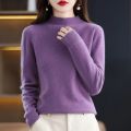 100% Wool Cashmere Sweater Women's Knitted Sweater Half High Collar Long Sleeve Pullover Autumn and Winter Fashion Warm Top.