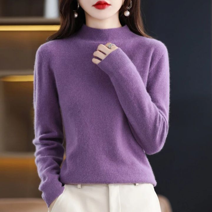 100%25%20Wool%20Cashmere%20Sweater%20Women's%20Knitted%20Sweater%20Half%20High%20Collar%20Long%20Sleeve%20Pullover%20Autumn%20and%20Winter%20Fashion%20Warm%20Top%20-%20Image%204