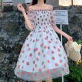 Strawberry Dress Women French Style Lace Chiffon Sweet Dress Casual Puff Sleeve Elegant Printed Kawaii Dress Women 2022 New. 