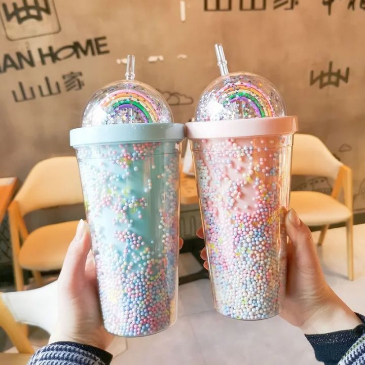 Cartoon Cute Rainbow Cup with Straw Double Plastic BPA Free Woman Girl Water Bottle for Juice Milk Coffee 500ml Drinking Tumbler Water Bottles