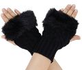 Fashion Women Faux Rabbit Fur Fingerless Gloves with Sheep Wool Decorations, Warm, Soft, Elastic, Wrist Length, Black.
