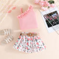 GC Baby Girls Outfits Ruffle Off Shoulder Crop Tops Floral Print Shorts Skirt Set Toddler Summer Clothes.