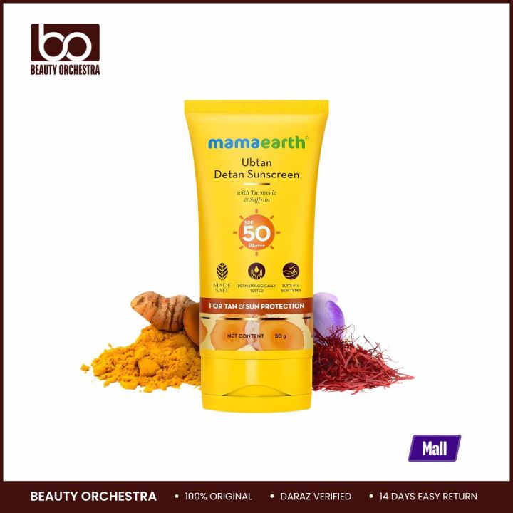 Mamaearth Ubtan Detan Sunscreen with Turmeric & Saffron SPF 50 & PA++++ for UVA/B Protection Tan Protection Brightens Skin 50 g