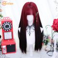 MEIFAN Synthetic Long Straight Lolita Wig with Bang Red Ombre Black Cosplay Party Halloween Christmas Wavy Curly Harajuku Wig.