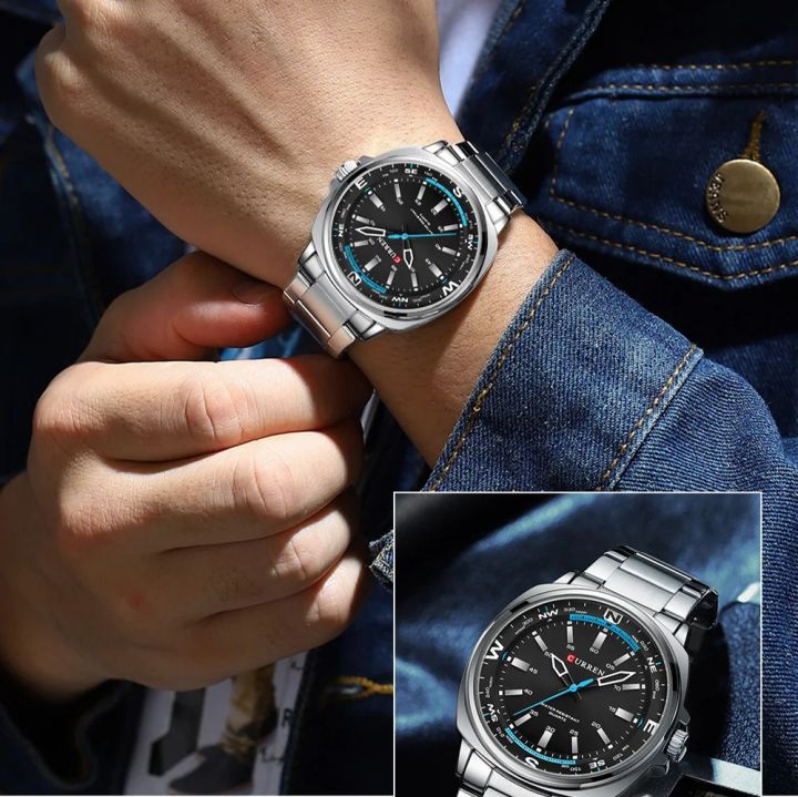 CURREN%208455%20Men's%20Wristwatches%20with%20Round%20Dial%20Casual%20Stainless%20Steel%20Fashionable%20Casual%20Classic%20Quartz%20Watch%20For%20Men-%20Silver%20Black%20&%20Sky%20-%20Image%202