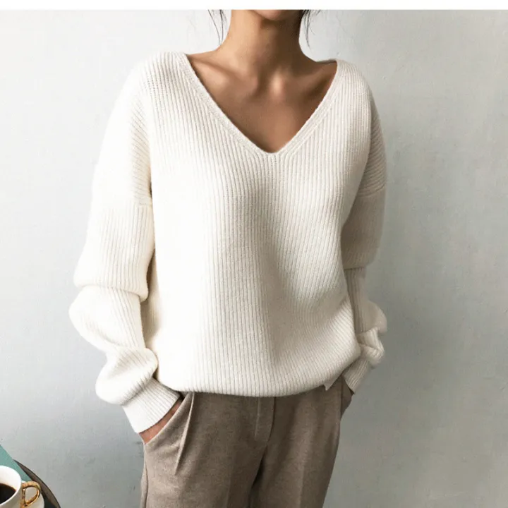 2024%20Autumn%20and%20Winter%20Korean%20Style%20V%20Collar%20Loose%20Lazy%20Style%20Simple%20Irregular%20Hem%20Pullover%20Sweater%20Bottoming%20Sweater%20for%20Women%20-%20Image%202