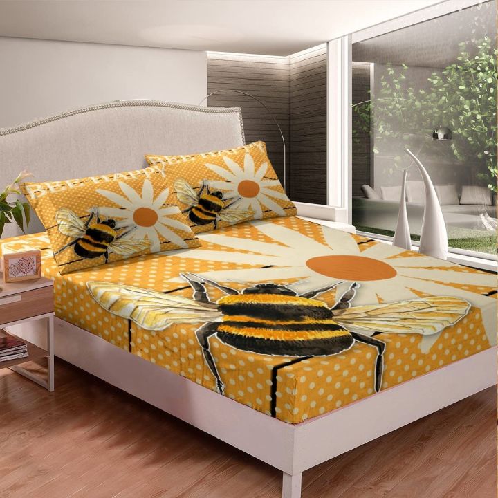 Kawaii Honey Bee Fitted Sheet Twin Size Daisy Flower Bedding Set for Kids Cute Lovely Bee Bed Sheets Flying Wildlife Wild Animal