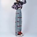 Embroidered straight-leg jeans women's summer and autumn 2024 new plus-size pear-shaped figure shows thin high-waisted loose wide-leg pants.
