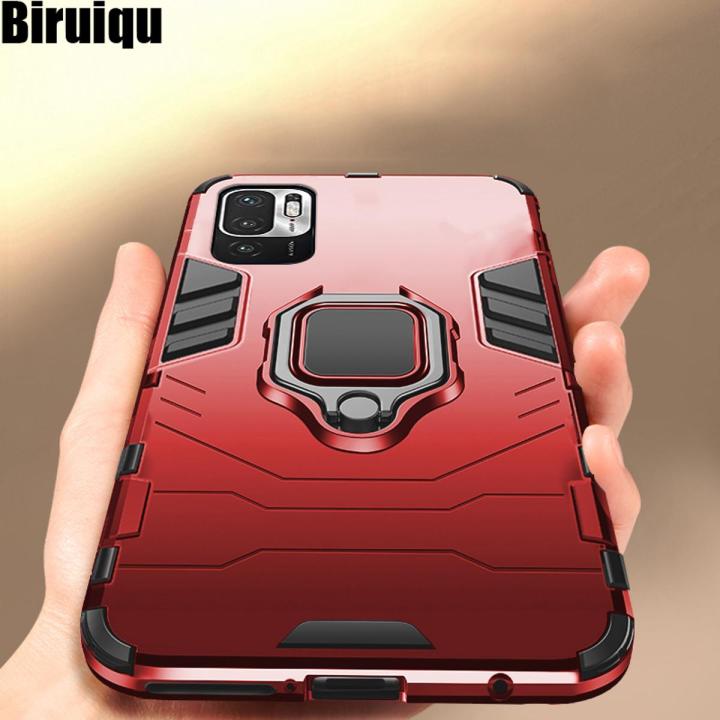 Biruiqu For Redmi Note 10 5G Soft TPU+Hard PC Black Panther Shockproof Slim Protective Case Cover with Kickstand
