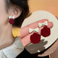 Autumn Winter Vintage Temperament Bow Japanese Korean Niche Red Flocking Rose Earrings Jewelry Gift.