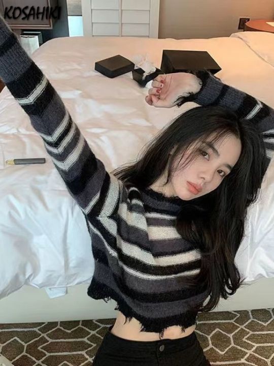 KOSAHIKI%202023%20Korean%20Fashion%20Loose%20Thin%20Knitted%20Pullover%20Women%20Rainbow%20Striped%20Cropped%20Sweater%20Ripped%20Y2k%20Harajuku%20Streetwear%20-%20Image%203