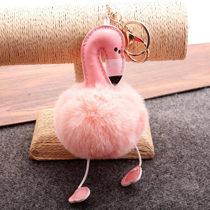 Flamingo Car Key Ring Furry Plush Keychain Cute Car Accessories Girls Women Ladies Gift Bag Pendant Lovely Doll