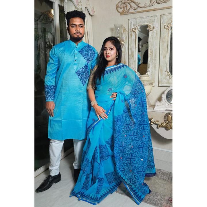 Buy Designer Saree And Punjabi Couple Set With Hand Painted Work Pure Cotton Mens Kurta Cotton Jamdani Saree Online In India - Foto 9