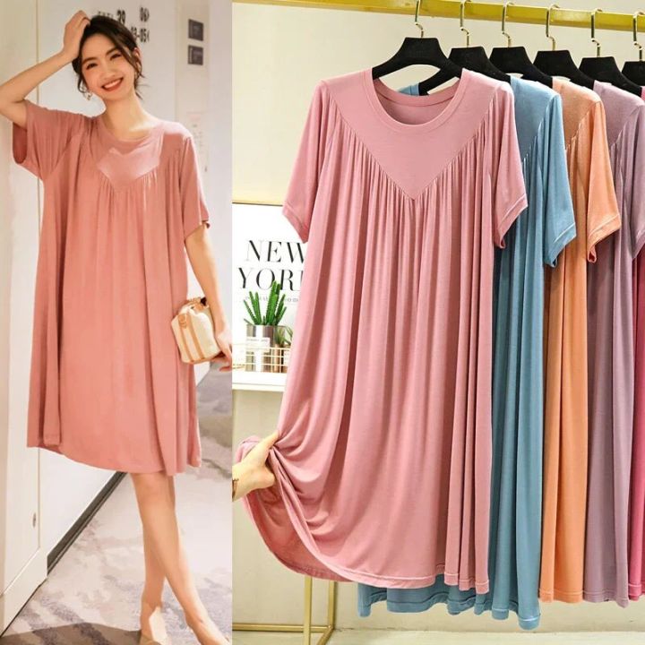 Super%20Soft%20Comfortable%20Short%20Sleeve%20Loose%20Pajama%20Dress%20Female%20Korean%20Loose%20V-Shaped%20Long%20Nightdress%20Modal%20Bottoming%20Night%20Shirt%20-%20Image%203