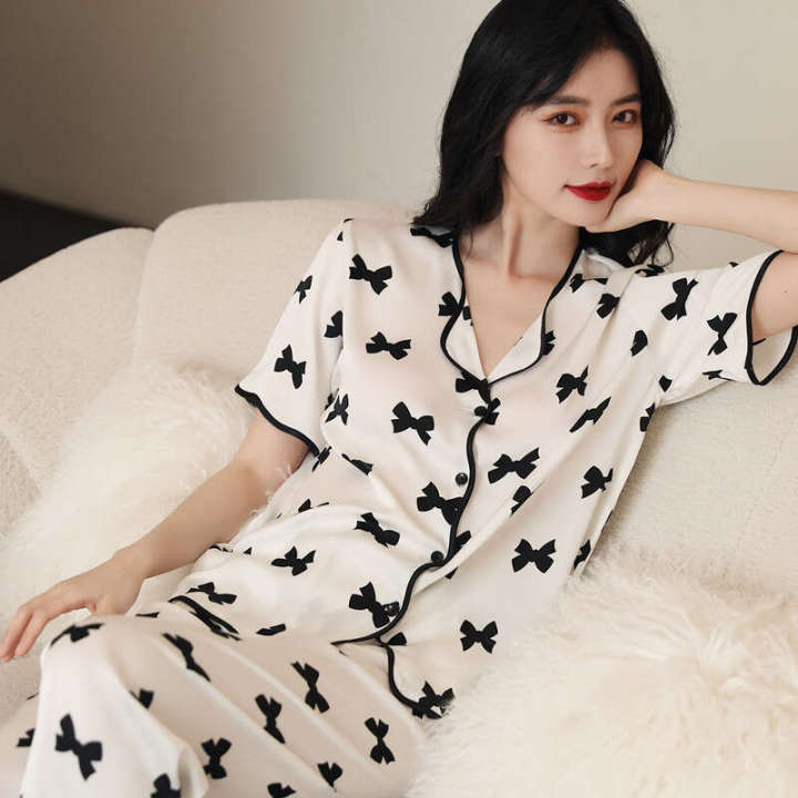 Summer%20Pajamas%20Women's%20Set%20Loose%20Korean%20Edition%20Large%20Size%20Printed%20Casual%20Ice%20Silk%20Short%20Sleeve%20Long%20Pants%20Home%20Fury%20-%20Image%203