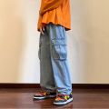 Wide Leg Cargo Pants Autumn New Streetwear Baggy Hip Hop Jeans Big Pockets Men Korean Fashion Loose Straight Male Clothing Blue. 