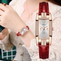 Womens Watches Fashion Square Ladies Quartz Watch Bracelet Set Green Dial Simple Leather Women Watches.