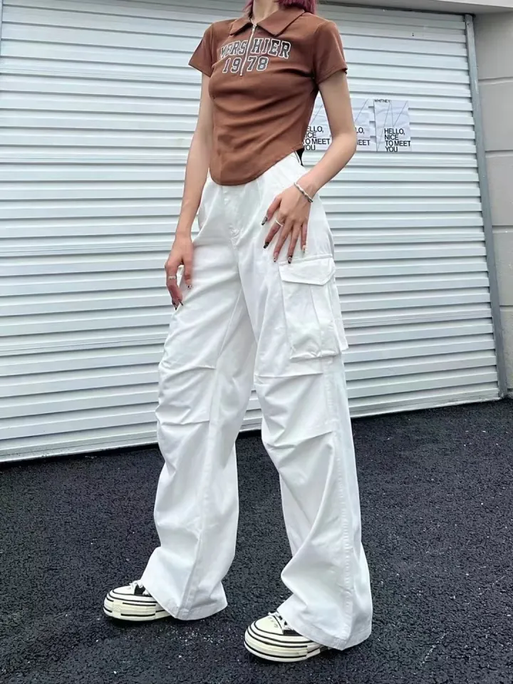 2022 Solid Retro White Cargo Pants Women Harajuku Style Brown