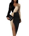 Elegant Black Luxury Gold Sequins Cocktail Party Evening Chic Dresses Women Long Sleeve Deep V-neck Bodycon Dress Clothes.