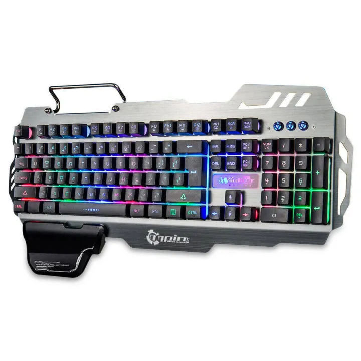HXSJ 7Pin Pk-900 Gaming Keyboard Rgb Backlight Computer Keyboard With Mo-bile P-hone HO-lder Wrist Rest S-ilver