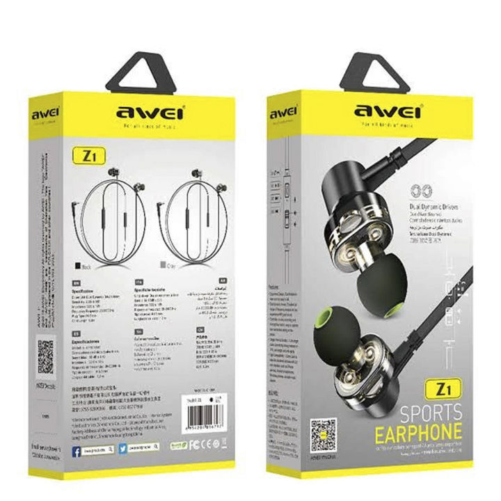 AWEI Z1 Wired Earphone Dual Driver Headset Sport Bass Sound Earphones With Mic For Xiaomi Huawei Oneplus MP3 3.5mm Jack Earbuds