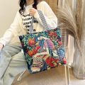 WPOT Retro Elegant Oil Painting Shopping Bag Travel Bag Flower Painted Tote Bag Women Art Handbag Canvas Bag Shoulder Bag. 