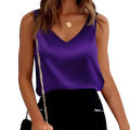 Women's Silk Satin Sleeveless Blouse Solid Color Tank Tops Basic Camisole Shirts Elegant Office Lady V Neck Shirt.