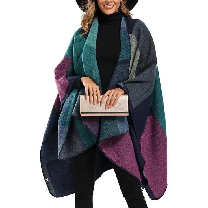 Thicken%20Winter%20Shawl%20Wraps%20Cape%20Women%20Fall%20Ponchos%20Plus%20Size%20Block%20Plaid%20Open%20Front%20Sweater%20Fleece%20Scarf%20Coat%20Holiday%20Outfits%20-%20Image%202