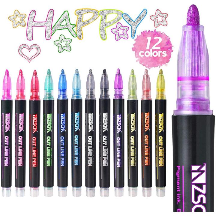 Double Line Outline Pens 12 Colors Outline Metallic Markers