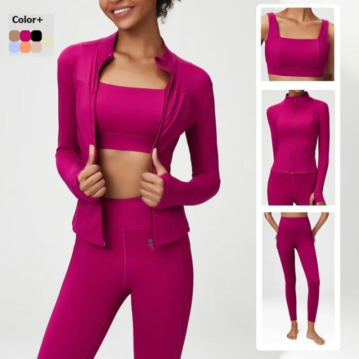 2/3 Pieces Fitness Yoga Set Women Solid Color Stretch Athletic Suit Bra Zipper Jacket High Waist Leggings Female Sportswear