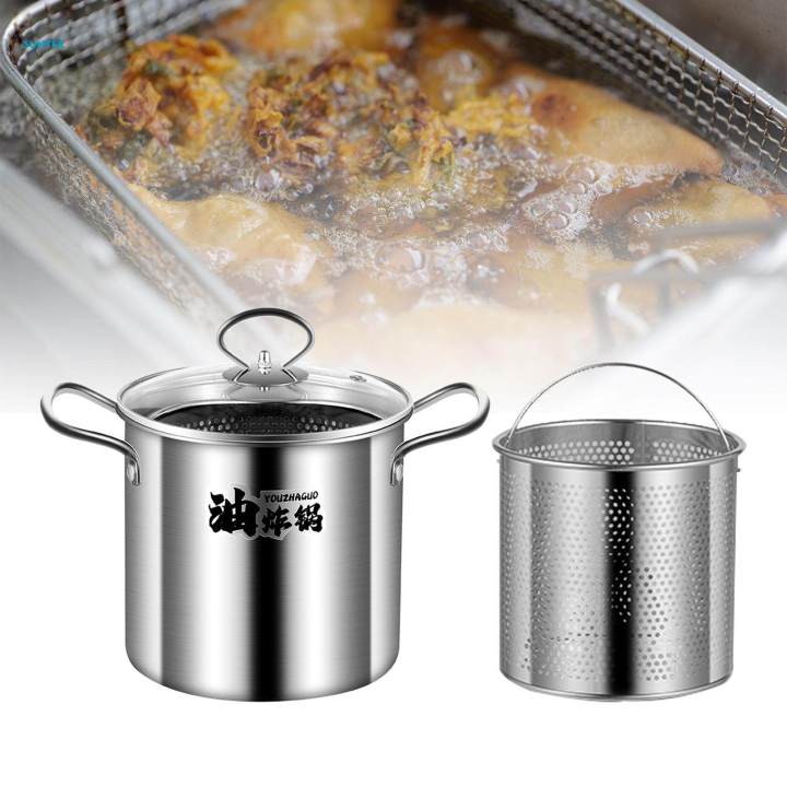 Stainless Steel Frying Pot Fryer Cooking Pot Heavy Duty with Glass Cover for Vegetables Chicken