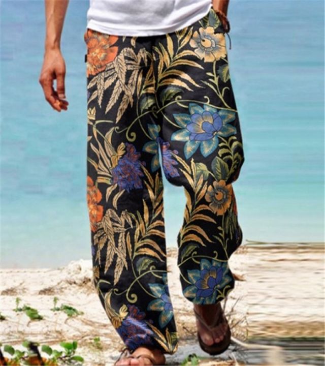 Men Baggy Pants Casual Print Wide Leg Trouser Summer Vintage High Street Beach Hawaiian Plus Size 5XL Loose Pants Man Trousers