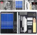 KALOUR PDAS Drawing Sketching Pencil Set, 36 Pro Art Pencil Kit, 12 Graphite Pencils (8B-5H), Black & White Charcoal Pencils, Charcoal Sticks, Stumps, Eraser, Sharpener, Tutorial, Art Supplies.