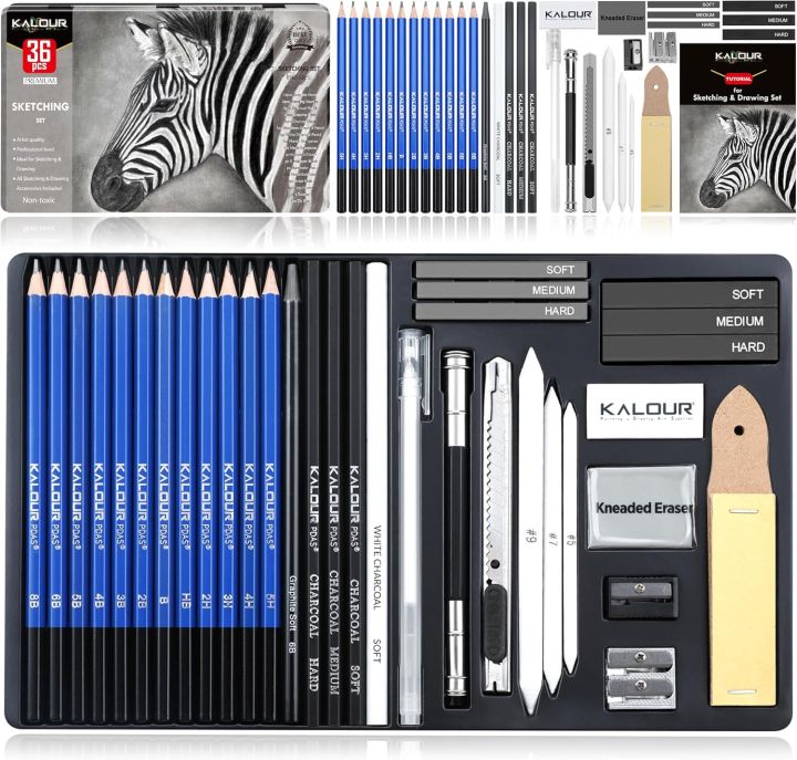 KALOUR PDAS Drawing Sketching Pencil Set, 36 Pro Art Pencil Kit, 12 Graphite Pencils (8B-5H), Black & White Charcoal Pencils, Charcoal Sticks, Stumps, Eraser, Sharpener, Tutorial, Art Supplies