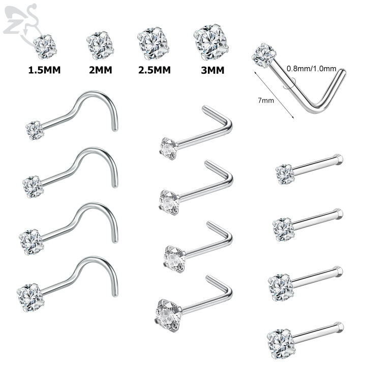 ZS 1 Piece 1.5/2/2.5/3MM Round CZ Crystal Nose Stud 20G 18G Stainless Steel Nose Piercings Pin L Shape Nostril Piercing Jewelry