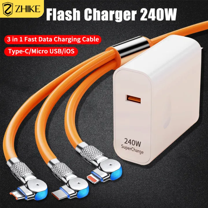 ZHIKE Charger for Android Type C Micro USB iOS 3 in 1 Connector Super Fast Charging cord with Adaptor 240W Data Cable Maximum Support 120Watts 6A and Adapter Silicone Zinc Alloy Charging Cable for iPhone IOS Xiaomi OPPO VIVO Huawei Samsung Galaxy