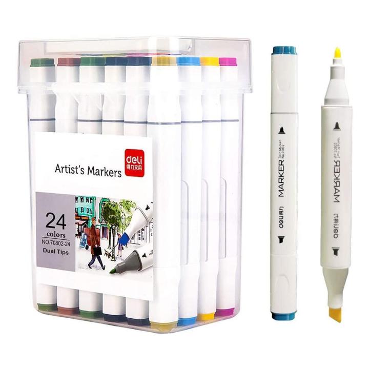 Deli E70803-24 Dual Tip Sketch Markers – 24 Colors, Brush & Chisel Tip Art Markers for Painting, Sketching, Calligraphy, Drawing & Coloring