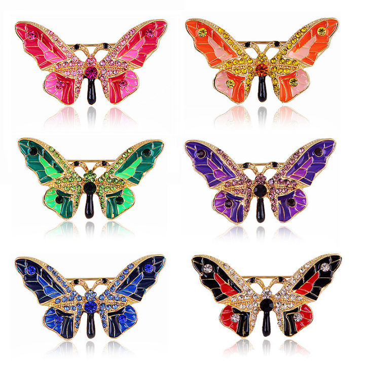 European and American fashion new alloy dripping oil color diamond butterfly brooch women's simple and versatile clothing accessories corsage