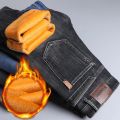 2022 Winter New Men Blue black Fleece Thick Jeans Zippered Pocket Design Cargo Jeans Trendy Denim Warm Pants Male Brand Trousers.