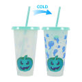 2024 New Halloween PP Coffee Plastic Single Layer Temperature Sensing Straw Color Changing Cup. 