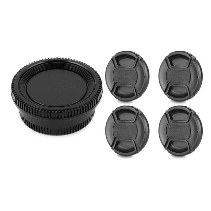 BRADOO- 4pcs 58mm Lens Cap with Lens Cap Leash Hole Bundle For Dslr Cameras Nikon Canon & 1 set Black Plastic Camera Body Cover + Rear Lens Cap For Nikon Digital SLR