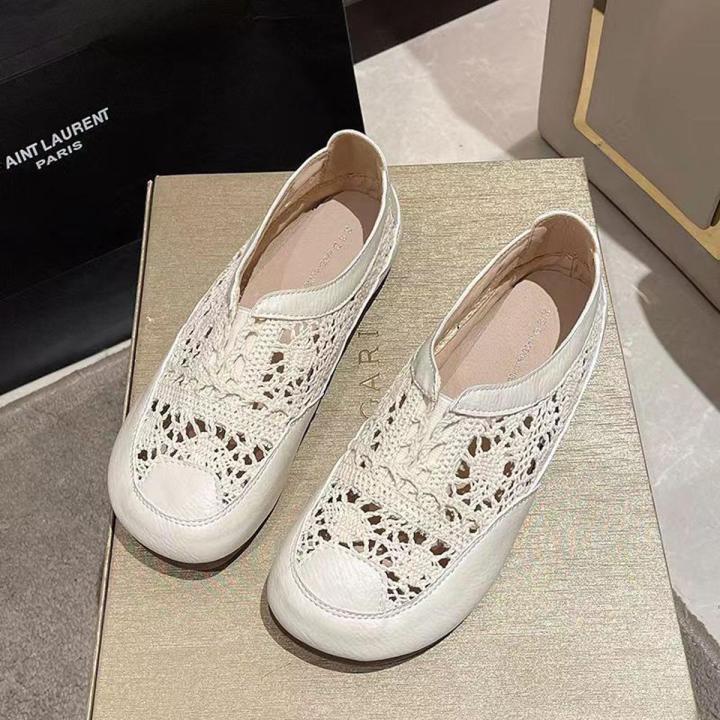 Summer New Sandals Mori Girl Artistic Closed Toe White Shoes Vintage Soft Sole Thin Shoes Women's Breathable Shoes Mesh Fisherman Shoes