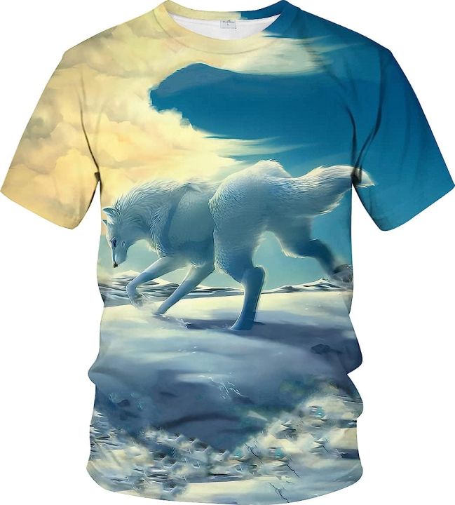 Srcnhim Tie-Dye Novelty Colorful Gorgeous Wolf T-Shirt Strong Artistic Atmosphere 3D Printing Classic Tee