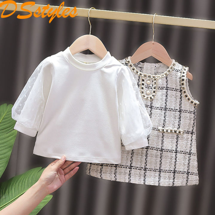 DSstyles Baby Girls Dress Set Casual Long Puff Sleeves T-shirt Plaid Knitted Tank Dress With Pearl Button Trim Outfit For Kids Toddler Girls Gifts