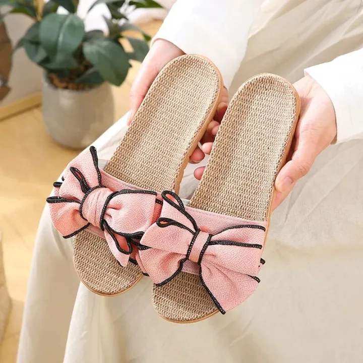 Women%20Summer%20Casual%20Slides%20Comfortable%20Flax%20Slippers%20Striped%20Bow%20Linen%20Flip%20Flops%20Platform%20Sandals%20Ladies%20Indoor%20Shoes%20-%20Image%205