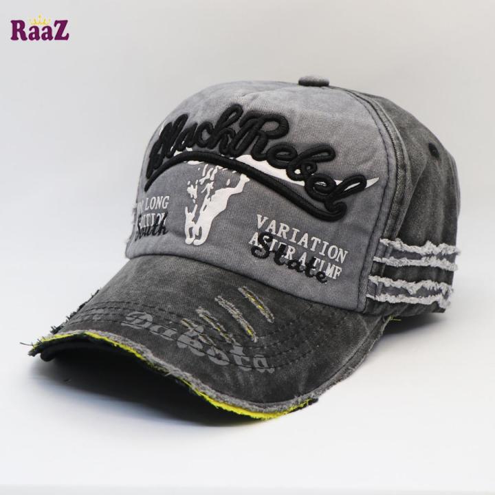 Whimsical Understated -Craftsmanship and Trendy -Silver Grey Black Rebel Embroidery Logo Imported Wash Cap- Progressively Better