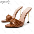 Summer women sandals snake print Strappy Mules high heels Slippers Sandals flip flops Pointed toe Slides Party shoes Woman House Foocus. 